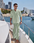 Men's casual cotton trousers suit set in solid colour with long sleeve top