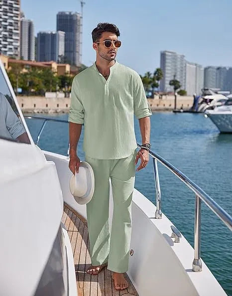 Men's casual cotton trousers suit set in solid colour with long sleeve top