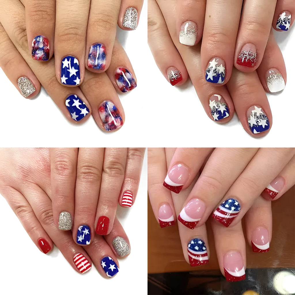 False nail set with American flag and five-pointed star Independence Day design in three colour combinations