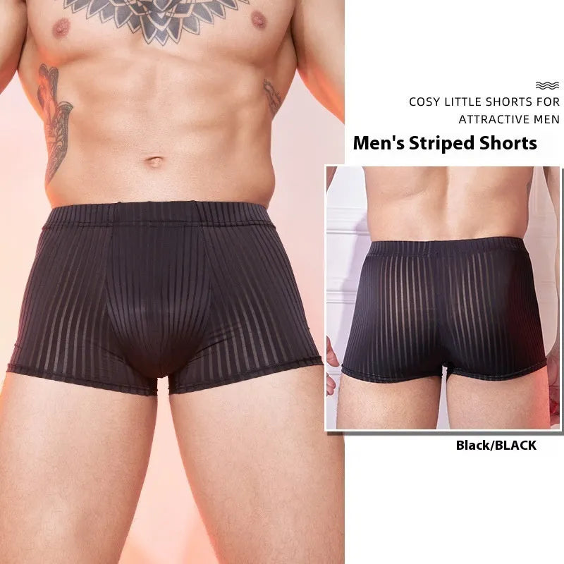 Men's thin striped nylon underwear in black, shown flat.