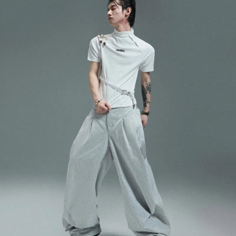 Men's black cotton short sleeve T-shirt with metal belt design and stand-up collar