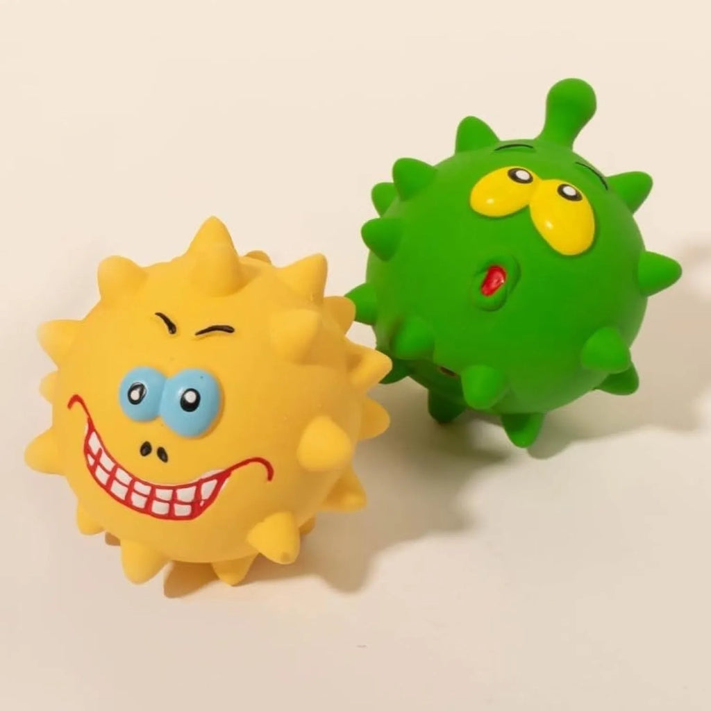 Four coloured squeaky dog balls with cute faces, made from natural latex rubber for safe chewing