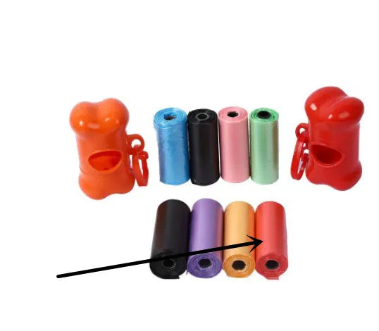 Pack of dog poop bags in six colours black blue green pink purple red sized 22.5x30cm for pet waste
