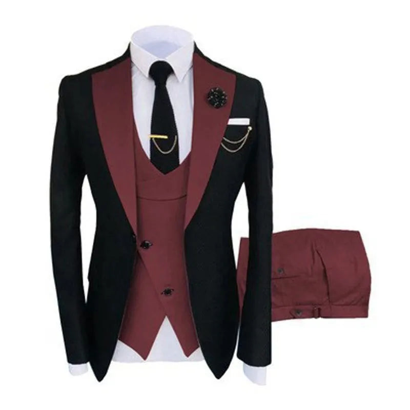 Men's slim fit cotton three-piece business suit showing coat, vest and trousers in black colour option