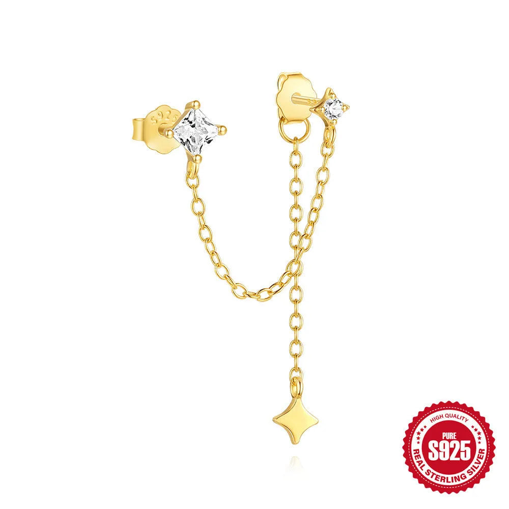 S925 sterling silver geometric stud earrings with inlaid zircon in golden clover, crown, and chain designs.