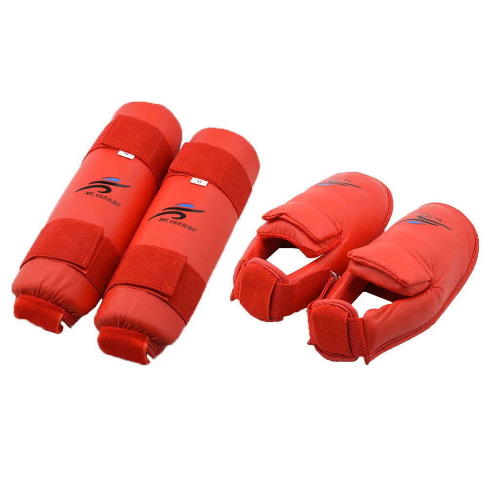 Red martial arts protective gear set showing leg guard, helmet, and boxing gloves for karate taekwondo training