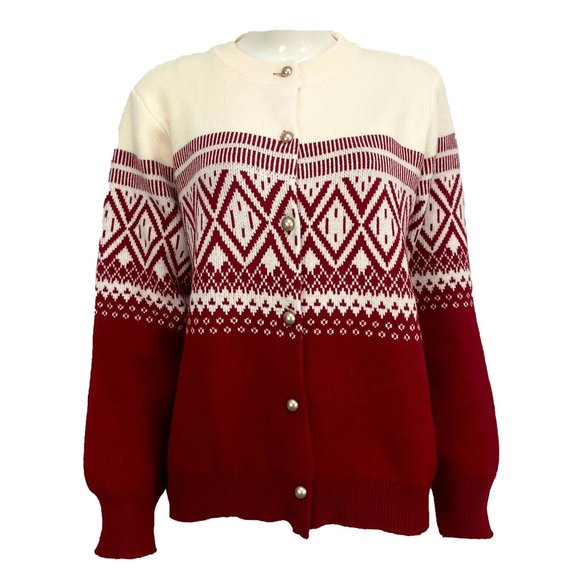 Red women's alpaca wool cardigan with grey diamond knit pattern and long sleeves.