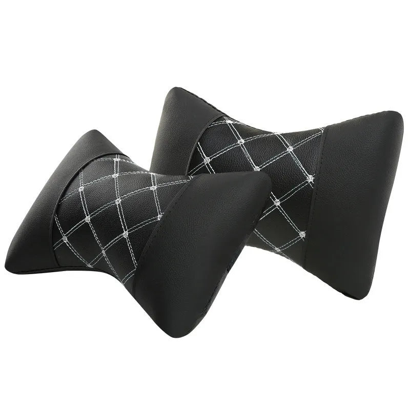 Black quilted artificial leather car headrest neck pillow with diamond pattern for cervical support.