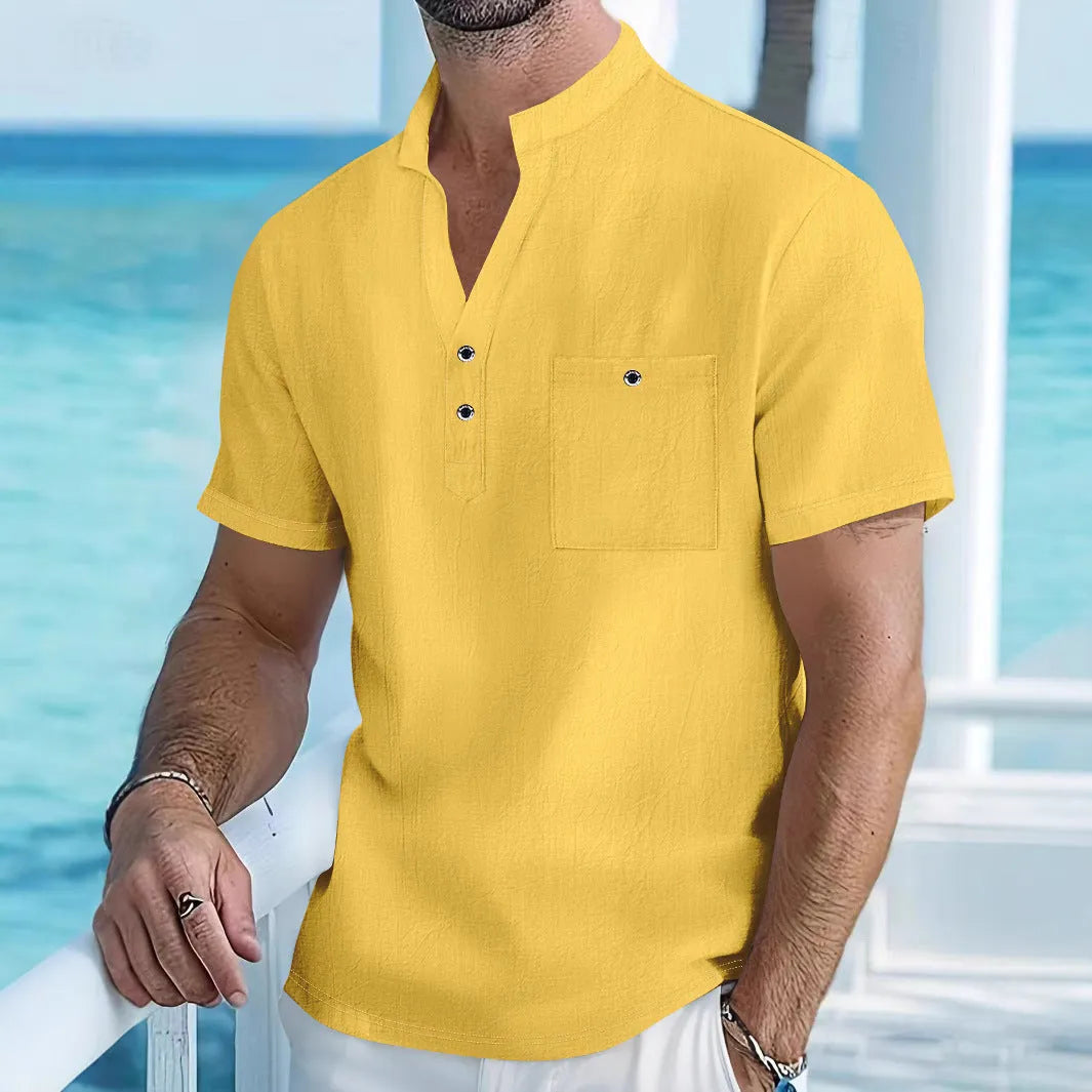 Men's linen blend stand collar short sleeve shirt in loose fit t-shirt style
