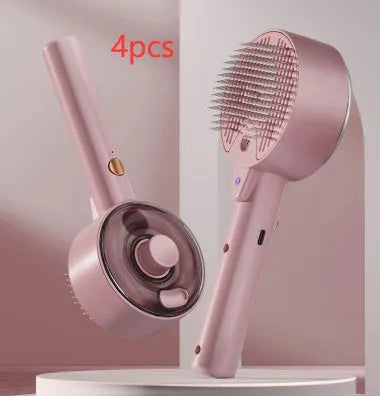 Ceramic white pet grooming brush with UVC blue light, mist spray nozzle, and fine needles for removing dog and cat hair.