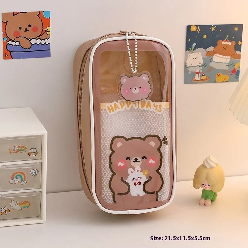 Transparent PVC pencil case with South Korea style cartoon design and large capacity for stationery
