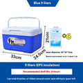 Blue aluminium foil portable insulated cooler box with 15L capacity for outdoor use.