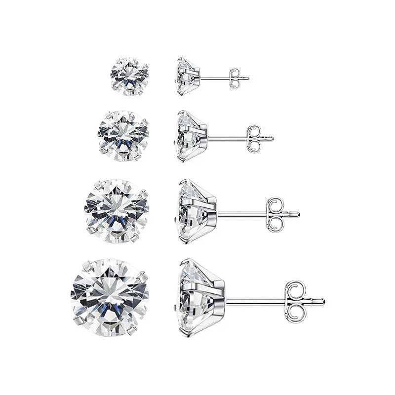 Titanium steel geometric stud earrings showing square and round zircon designs in gold and steel colours