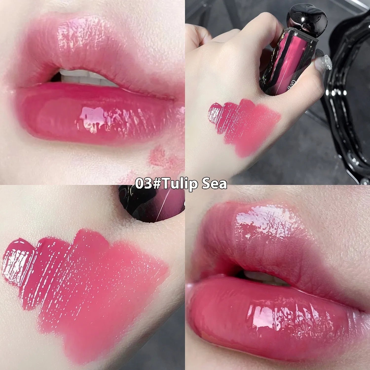 Glacier Lava Lip Lacquer lip gloss tube showcasing a high-shine, mirror finish, with visual of seven colour shade options.