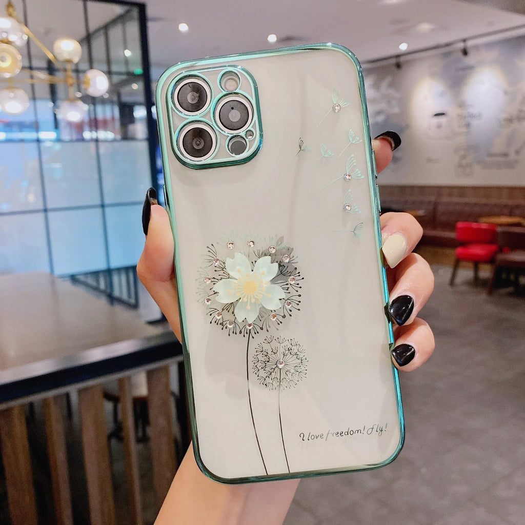 Green 3D flower design phone case with spin stand for iPhone, showing built-in screen protector.