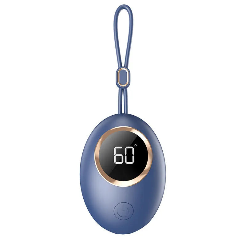 USB-powered hand warmer with digital display in six colour options including blue, green, pink and white finishes