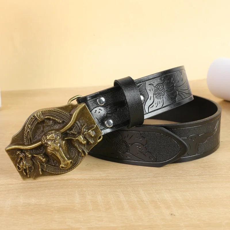 Men's black cow head buckle belt with detailed alloy casting on an imitation leather strap.