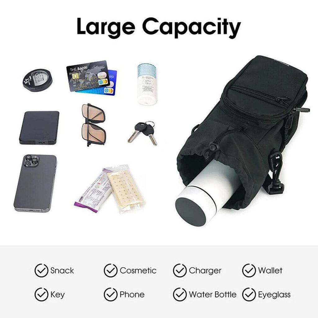 Black cloth water bottle pouch with crossbody strap and side handle on a model.