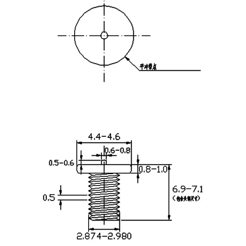 Whitened 304 stainless steel A2-70 welding screw on white background showing threads and flat head