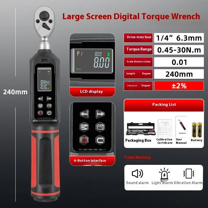 Electronic digital torque wrench with LCD screen and chrome-vanadium steel body.