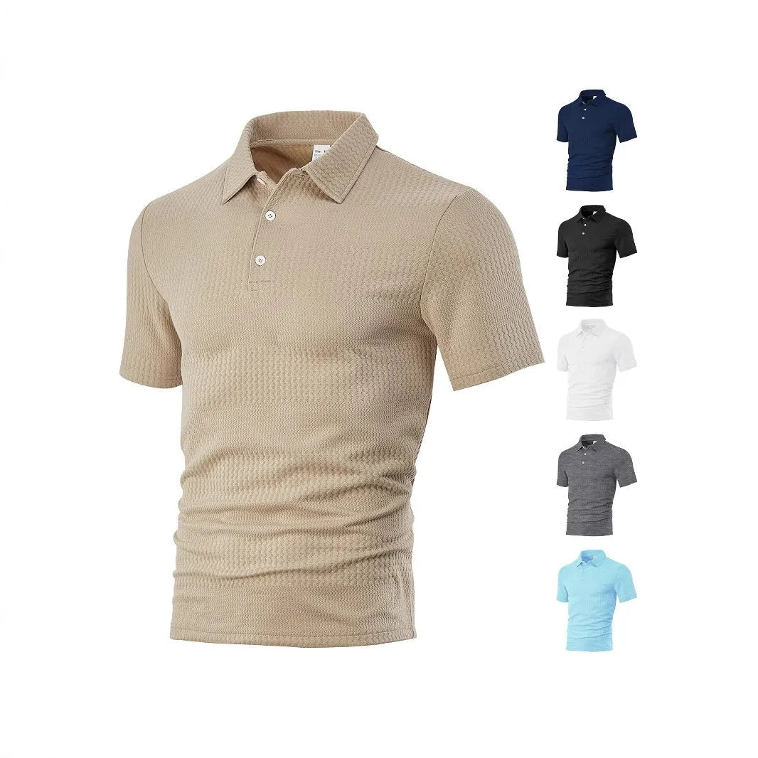 Men's loose casual lapel jacquard short sleeve shirt in grid pattern, polyester fabric, available in multiple colours