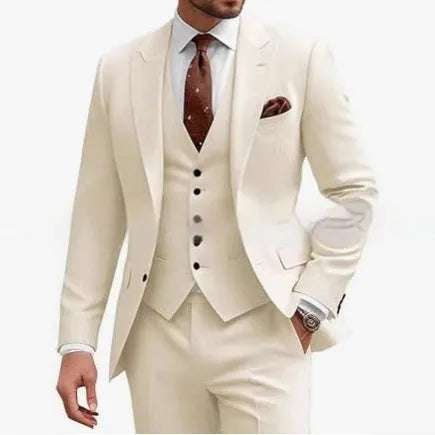 Men's slim fit three-piece suit in a bright red colour, featuring a jacket, waistcoat, and trousers.