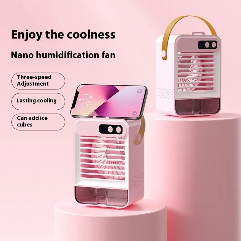 Dark green desktop humidifying air cooler with USB cable and compact dimensions for personal cooling