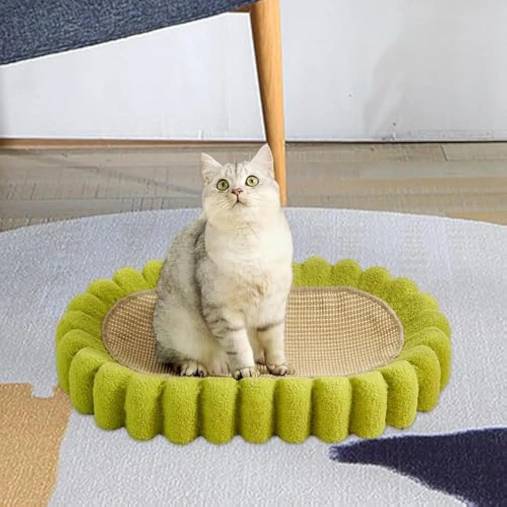 Green oval sisal cat scratching pad and bed measuring 650mm long