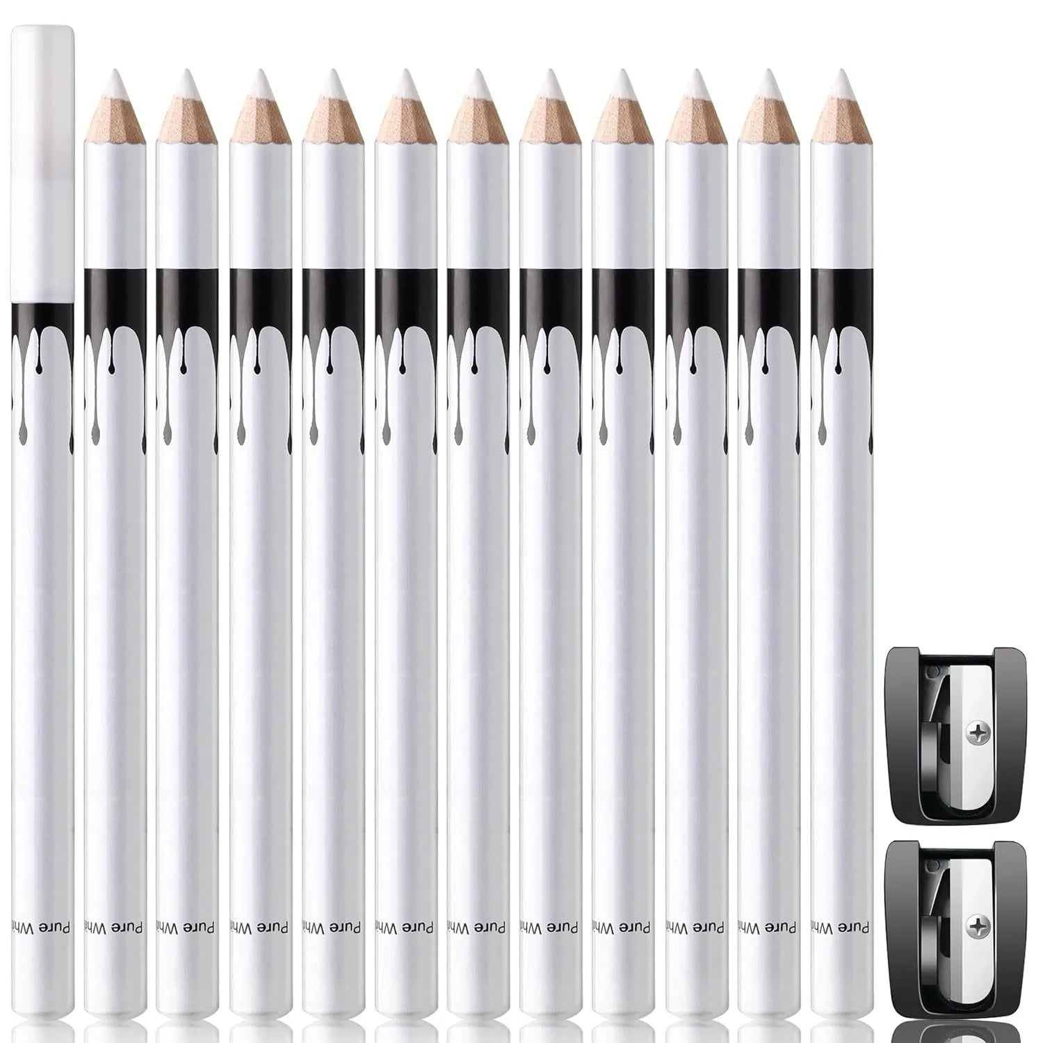 12-piece white and black eyeliner pencil set with sharpener for versatile makeup application