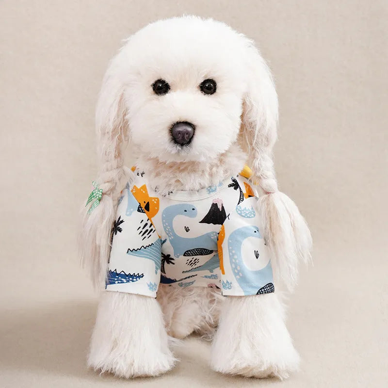 Full-print polyester t-shirt for a small dog, shown in one of six colour variants, with size chart for S, M, L, XL, XXL.