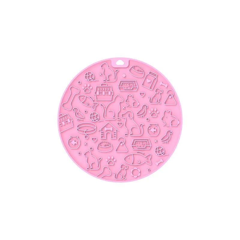 Round silicone pet licking mat with suction cups in blue, grey, mint, orange, and pink colours.