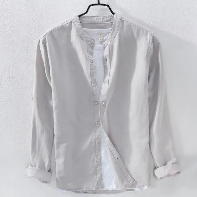 Loose casual long sleeve shirt in cotton linen fabric showing solid colour design