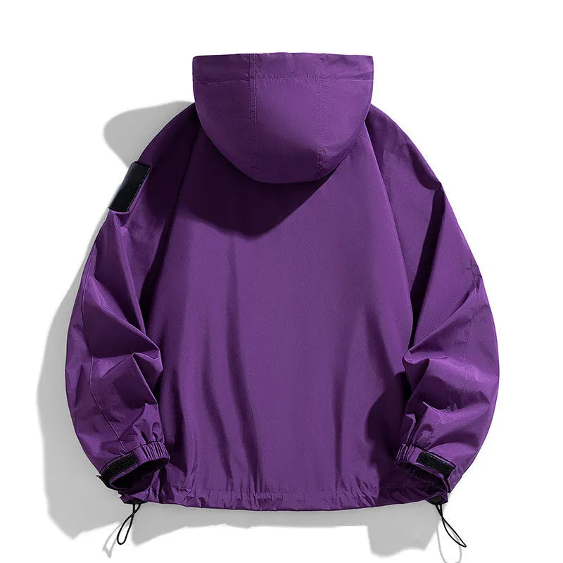 Men's black windproof waterproof hooded jacket in polyester blend fabric