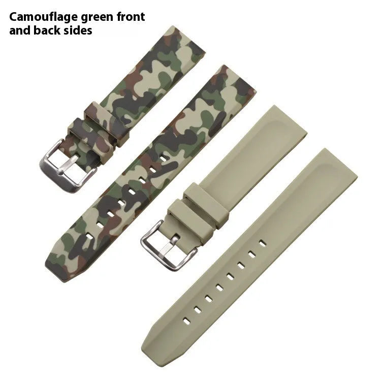 Green camouflage silicone watch strap showing flat head design and buckle, next to 20mm 22mm 24mm size indicators.