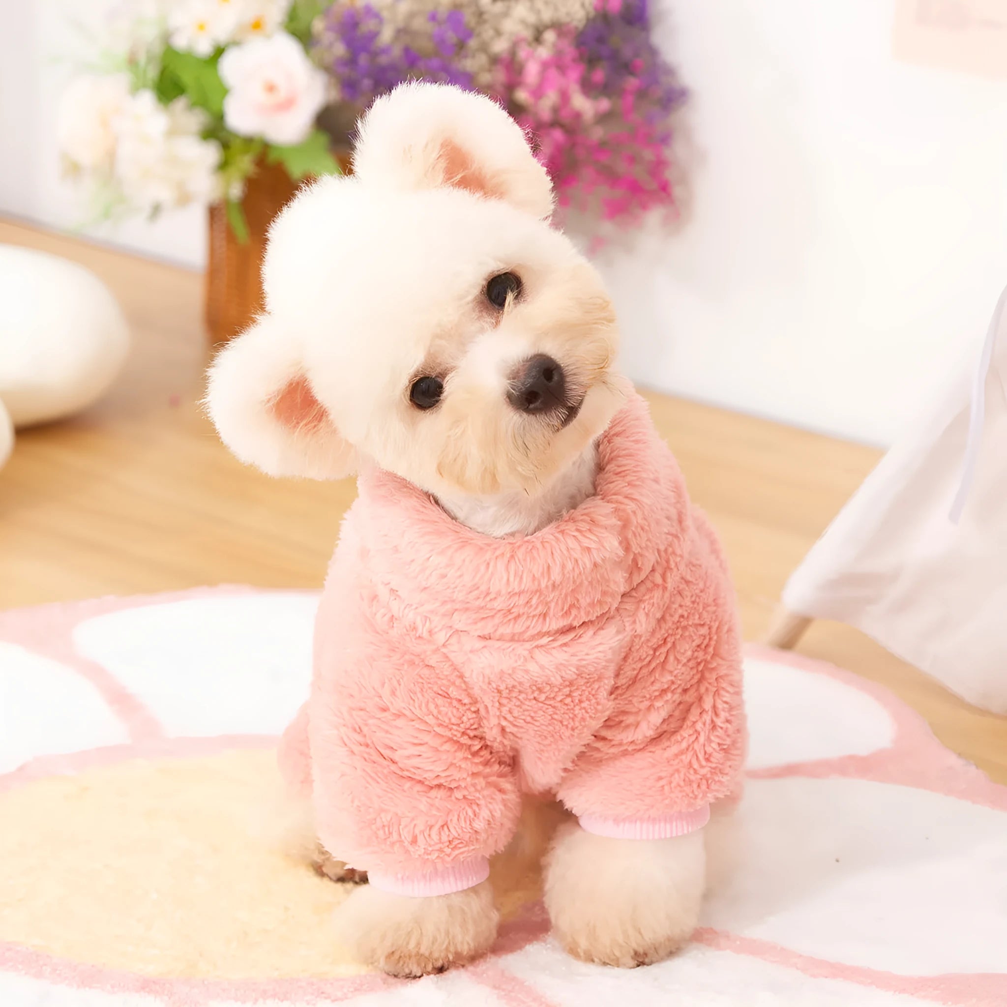 Double-sided thick plush dog clothes with high collar and towing ring in khaki pink or blue