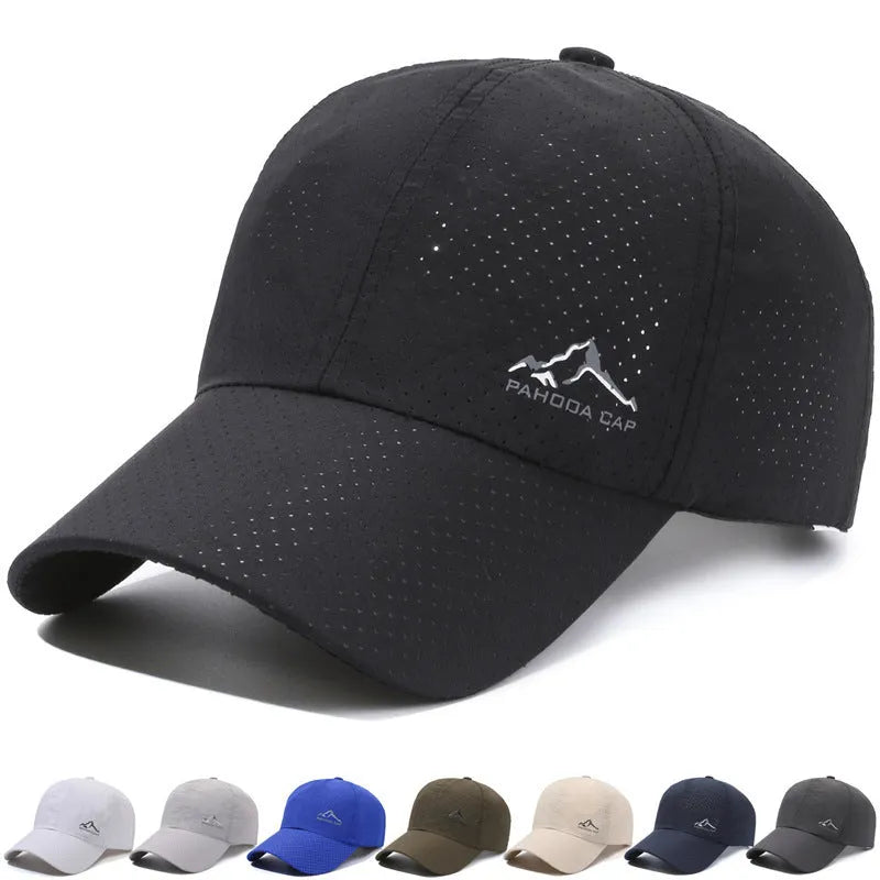 Adjustable baseball cap in polyester fabric on a solid colour background, showing dome crown and strap.