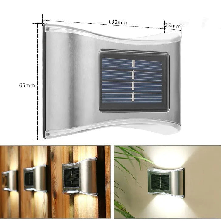 Solar garden wall light with upward and downward LED illumination for outdoor decorative lighting