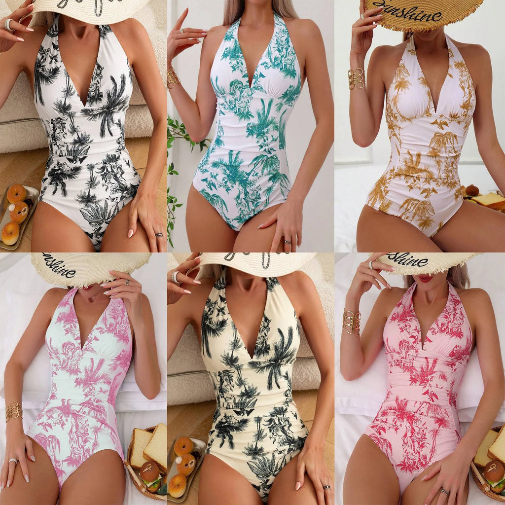 Women's printed V-neck one-piece swimsuit in polyester with lining in seven colour options