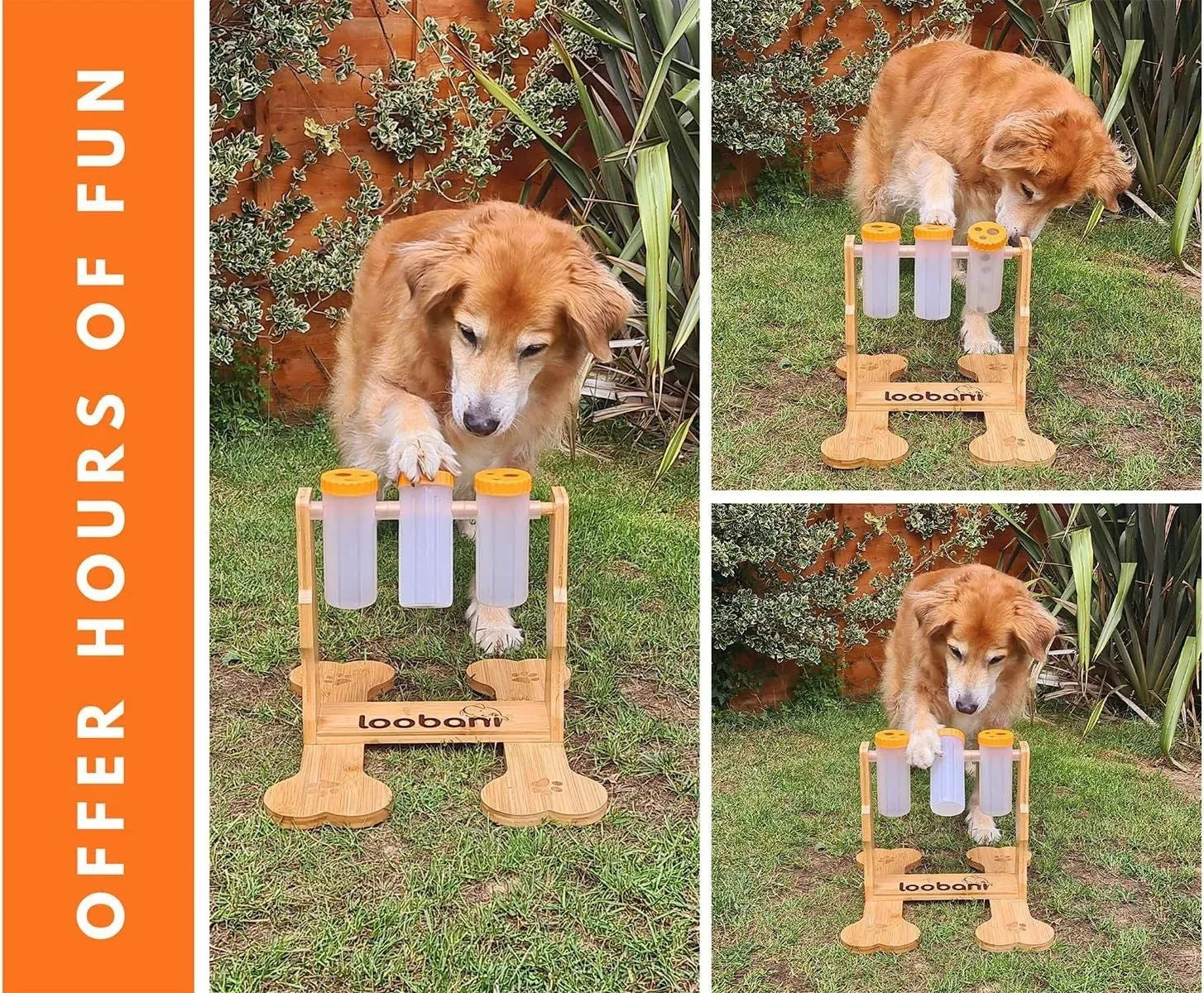 Wooden dog puzzle toy snack dispenser feeder with treat compartments measuring 31x30x20cm