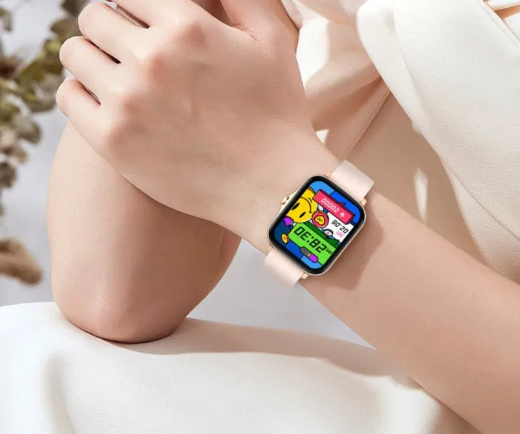Smart sports watch with 1.7-inch colour touch screen in black, blue, or gold with adjustable strap.