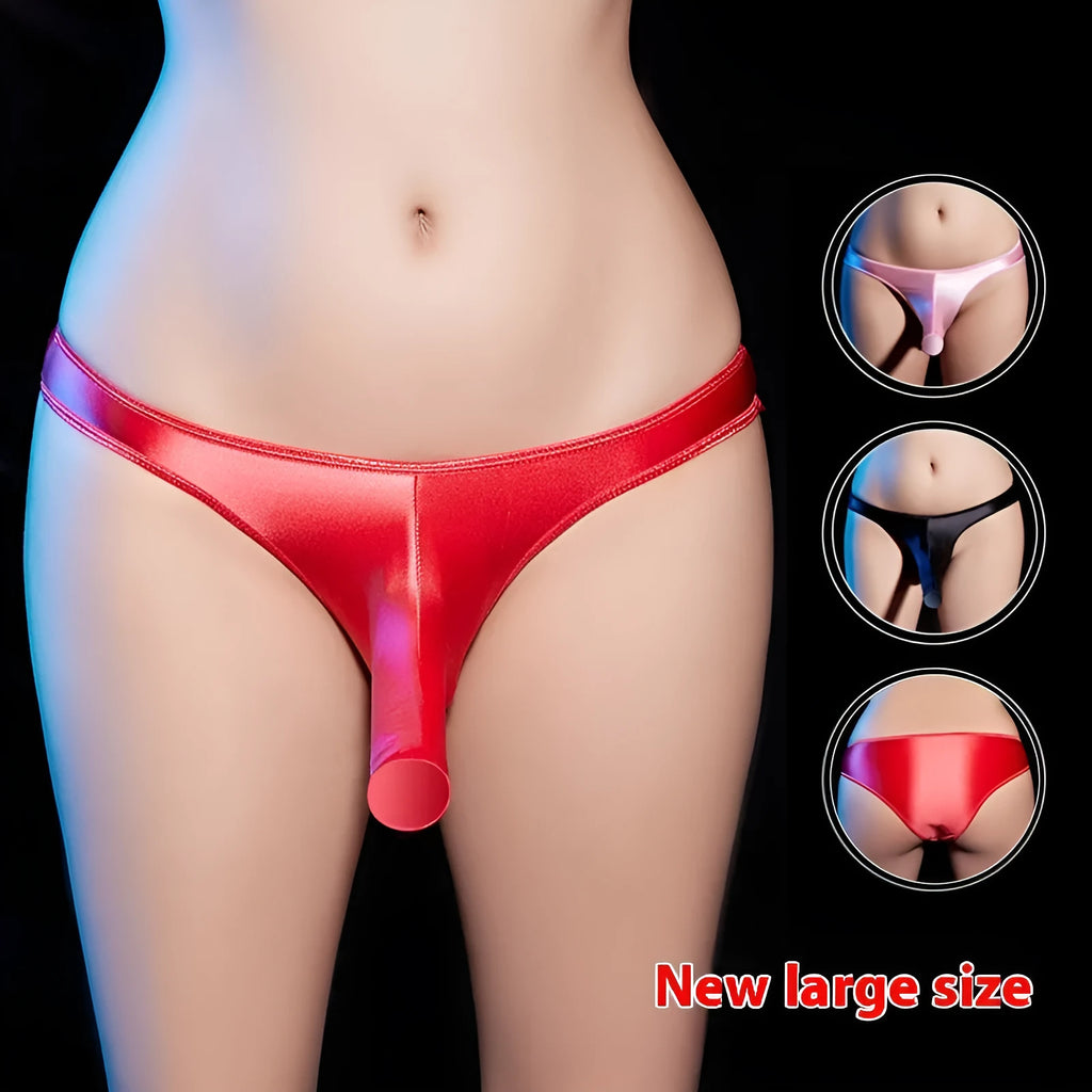 Men's shiny black low waist T-back underwear laid flat, showing the back design.