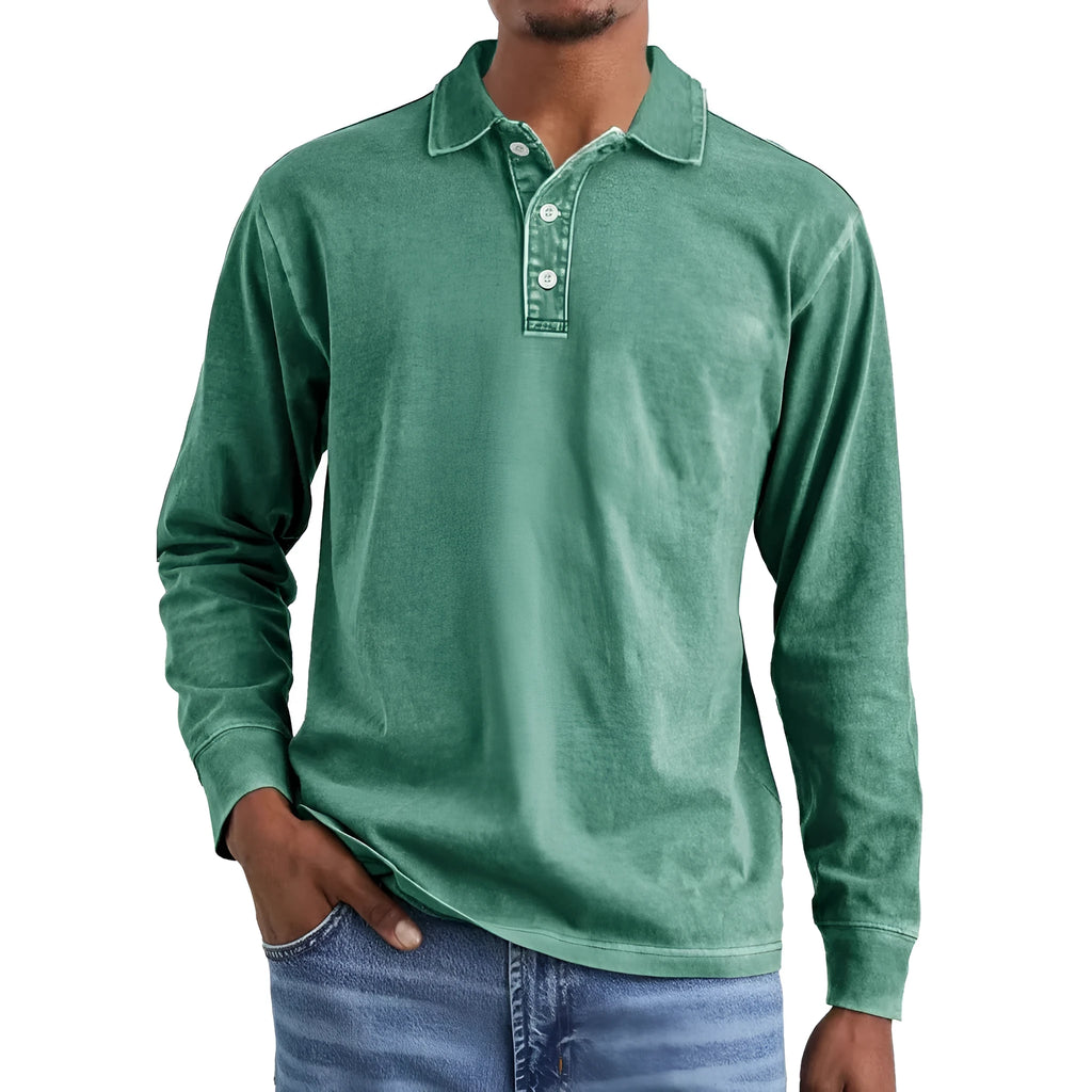 Retro washed distressed cotton lapel long sleeve polo shirt in pure cotton fabric
