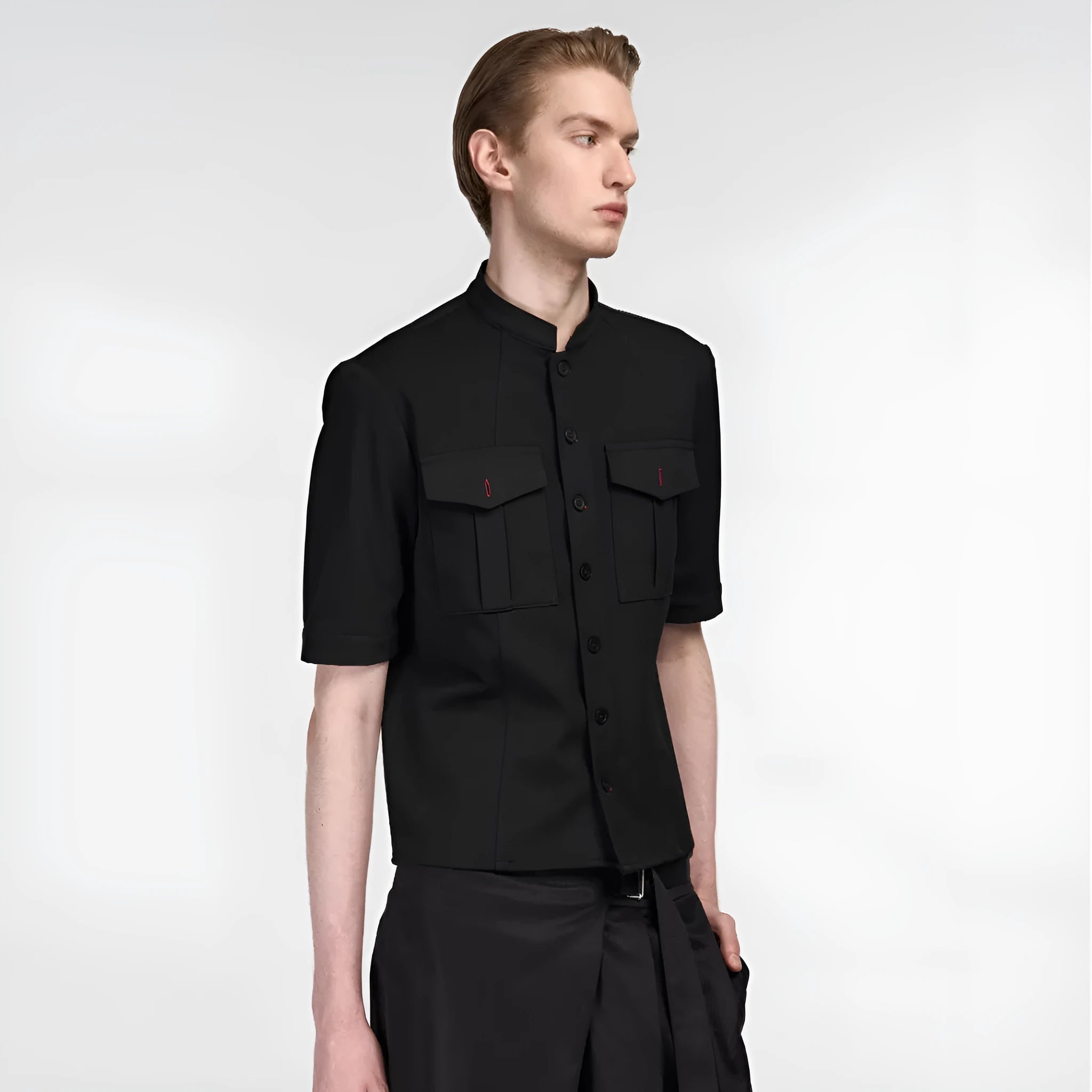 Handmade black half sleeve hunting shirt with shirt collar, shown as part of a Red Eye hunting suit.
