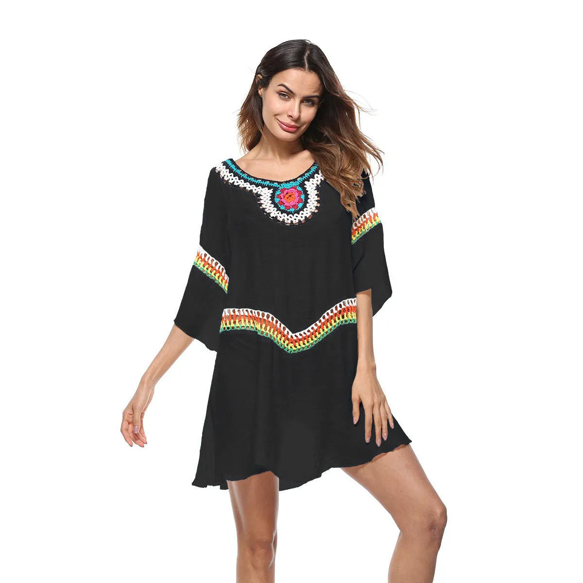 Crocheted ethnic style women's sun protection clothing in apricot colour for beach wear.