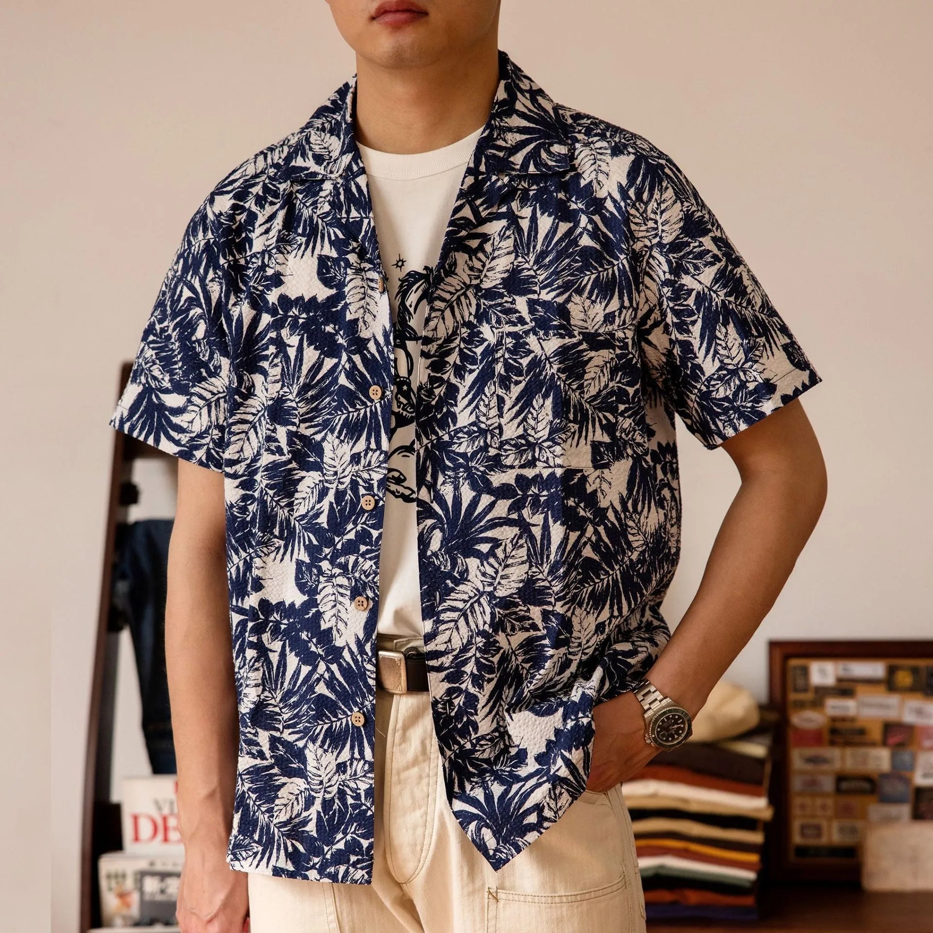 Men's vintage floral printed seersucker Cuban collar shirt in loose fit casual style