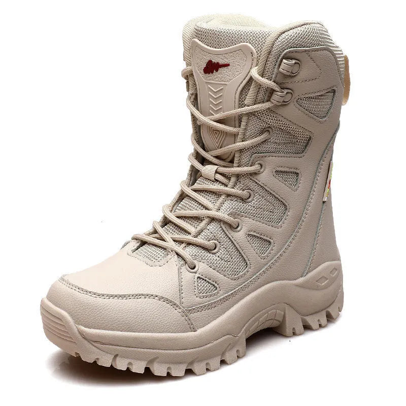 Cowhide leather hi-top hiking shoes in beige, black, and brown colours with platform soles