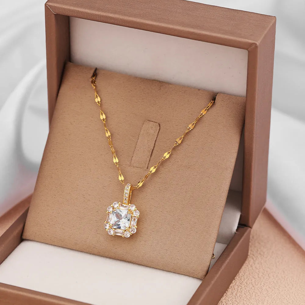 Women's geometric quadrilateral pendant necklace with mixed gemstone inlay on gold titanium steel chain
