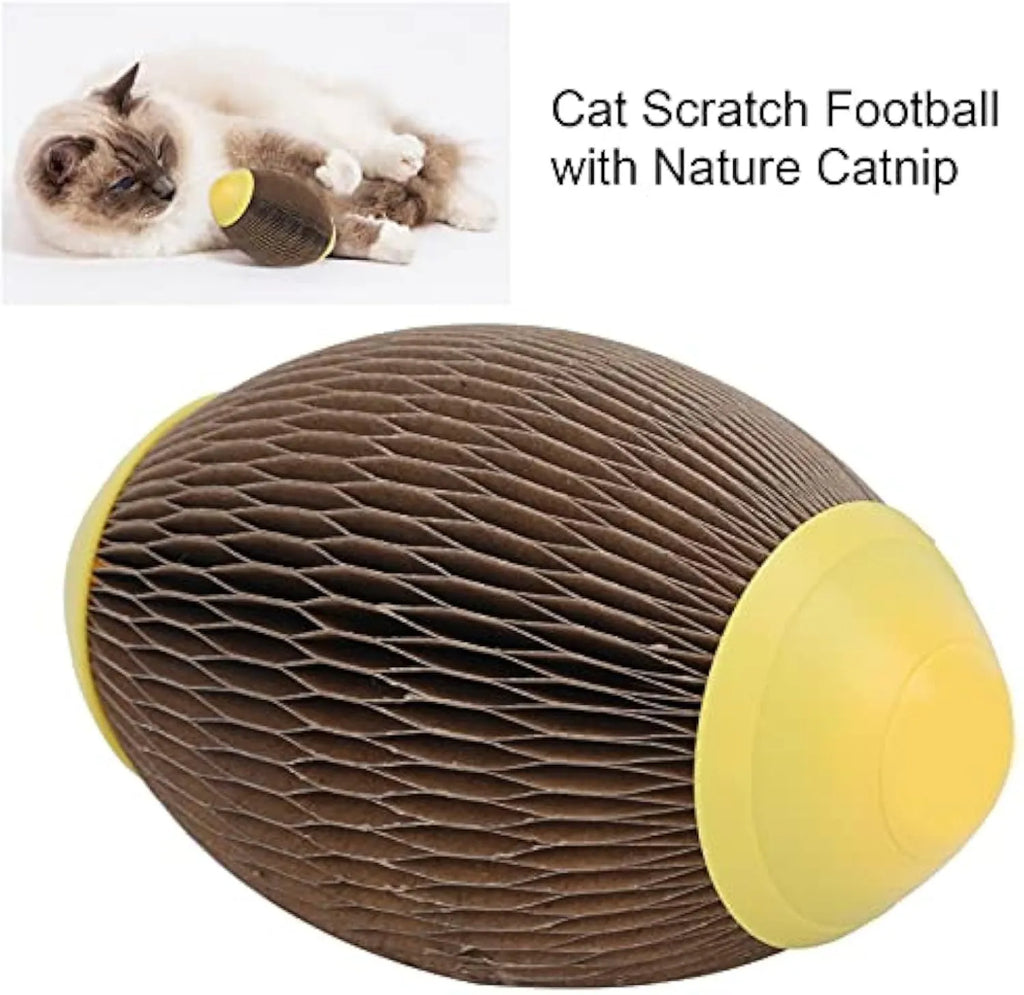 Ellipse-shaped corrugated paper catnip ball scratch toy on a plain background.