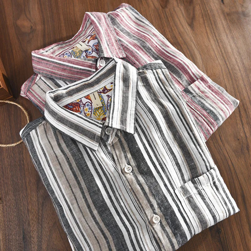 Men's striped linen shirt in loose fit with long sleeves available in red or grey colours