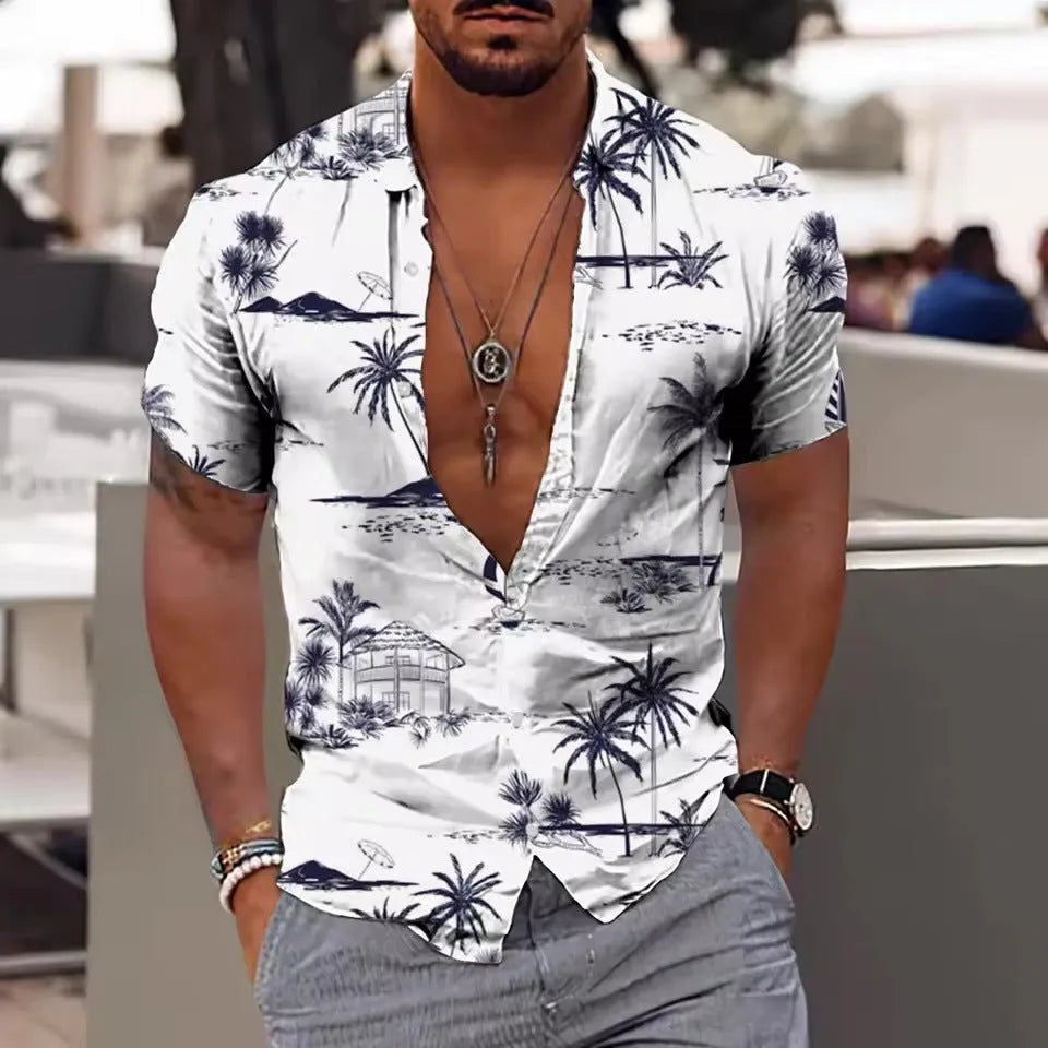 Men's loose-fit short sleeve shirt with a colourful floral pattern, shown in a casual cardigan style.